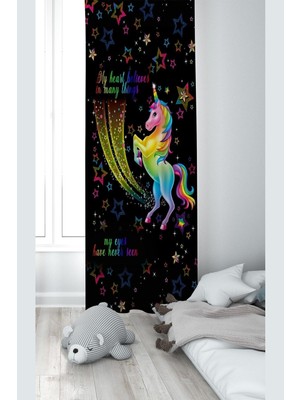 Aesco Pelangi Siyah Unicorn Desenli Dijital Baskı Yıkanabilir Bebek Çocuk Odası Fon Perdesi, Siyah 70 x 270