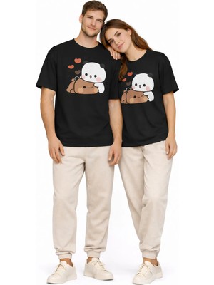 Mondschein Sevimli Panda Baskılı Sevgili Kombini Çift Tişört Oversize Unisex Çift Kombin 2'li Set