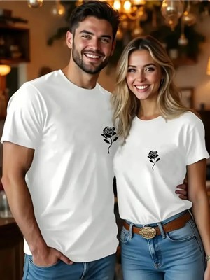 Mondschein Sevgili Kombini Minimal Gül Baskılı Çift Tişört Oversize Unisex Çift Kombin Romantik Çift Set