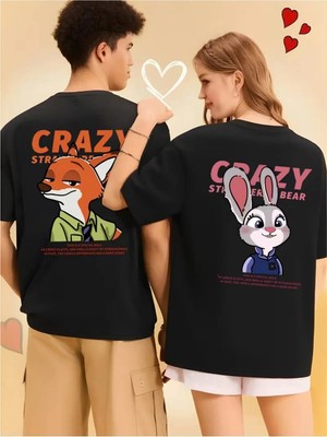 Mondschein Sevgili Kombini Crazy Animal Baskılı Çift Tişört Oversize Unisex Çift Kombin Karikatür Çift Set