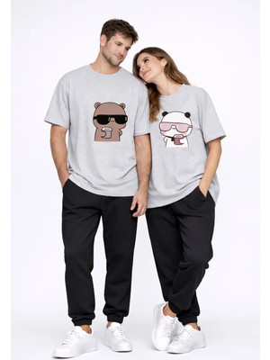 Mondschein Sevgili Kombini Çift Tişört Panda Baskılı Oversize Unisex Çift Kombin Sevimli Çift Tişört Seti