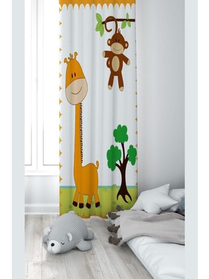 Aesco Pelangi Beyaz Zürafa ve Maymun Desenli Dijital Baskı Yıkanabilir Bebek Çocuk Odası Fon Perdesi, Beyaz 140 x 270