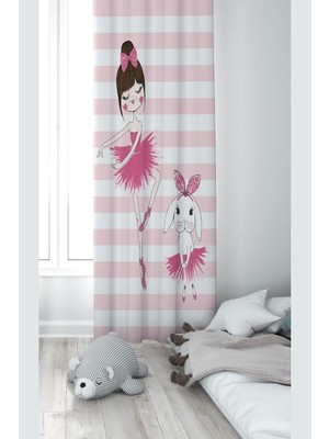 Aesco Pelangi Pembe Balerin Desenli Dijital Baskı Yıkanabilir Bebek Çocuk Odası Fon Perdesi, Pembe-Beyaz 140 x 200