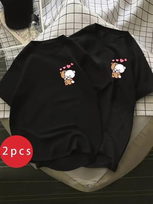 Mondschein Sevgili Kombini Tişört 2’li Set Ayıcık Baskılı Unisex Çift Tişört %100 Pamuk