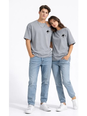 Mondschein Sevgili Kombini Minimal Uzay Gezegen Baskılı Çift Tişört Oversize Unisex Partner Tişört 2'li Set
