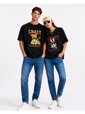 Mondschein Sevgili Kombin Tişörtü Crazy Bunny Couple Baskılı Unisex Oversize %100 Pamuk Tişört Seti