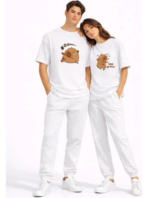 Mondschein Sevgili Kombini Sevimli Ayı Baskılı Çift Tişört Oversize Unisex Partner Tişört 2'li Set