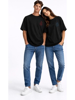 Mondschein Sevgili Kombini Ateş Su Minimal Çift Tişört Oversize Unisex Partner Kombin Seti