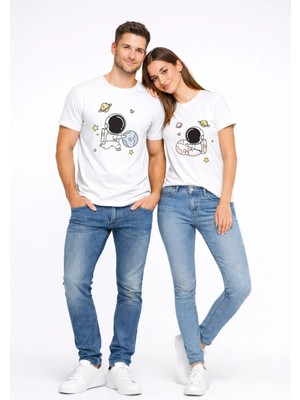 Mondschein Sevgili Kombini Astronot Baskılı Çift Tişört Oversize Unisex Partner Tişört 2’li Set