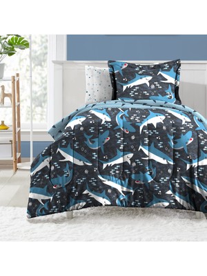 Aesco Dream Factory Çocuk 5 Parça Tam Set Kolay Yıkama Süper Yumuşak Mikrofiber Yorgan Yatak Takımı, Ikiz, Mavi Köpek Balıkları