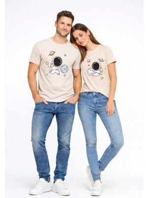 Mondschein Sevgili Kombini Astronot Baskılı Çift Tişört Oversize Unisex Partner Tişört 2’li Set