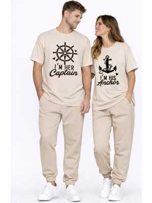 Mondschein Sevgili Kombini Oversize Çift Tişört Unisex Captain Anchor Baskılı Matching Couple Partner 2'li Set