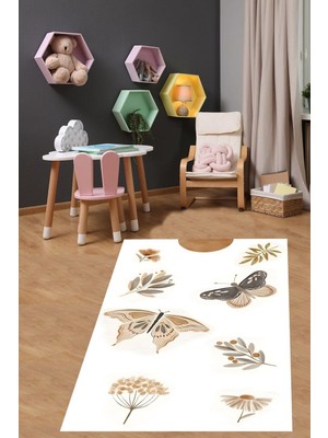 Aesco Pelangi Kelebek Desen Minimalist Yıkanabilir Kaymaz Taban Leke Tutmaz Çocuk Odası Halısı, Beyaz-Kahverengi-Bej 60 x 120, 764201196012005