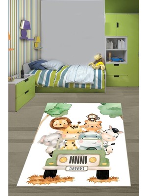 Aesco Pelangi Safari Hayvanlar Fil Aslan Zürafa Yıkanabilir Kaymaz Taban Leke Tutmaz Çocuk Odası Halısık, Yeşil-Beyaz-Gri 160 x 230, 76420041602301