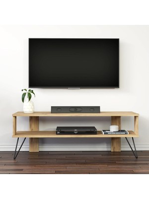 Aesco Duama Tv Sehpası – Metal Ayaklı, Açık Raflı Tasarım, 120 Cm, Antik Ceviz