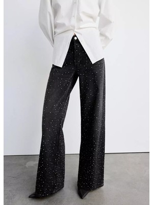 Mango Strass Taşlı Wide Leg Jean Pantolon