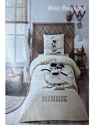 Aesco Özdilek Minnie Mouse Island Tek Kişilik Lisanslı Lastikli Çocuk Nevresim Takımı, 160 x 220 Cm, Bej