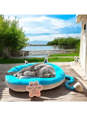 Aesco Lüks Kedi ve Köpek Yatağı Kuyruklu Gri Mavi