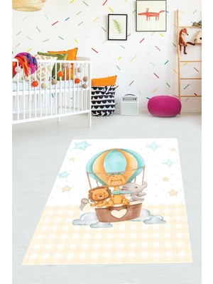 Aesco Pelangi Uçan Balonda Fil Aslan Zürafa ve Yıldızlı Yıkanabilir Kaymaz Taban Leke Tutmaz Çocuk Odası Halısık, Beyaz 180 x 250, 76420451802501