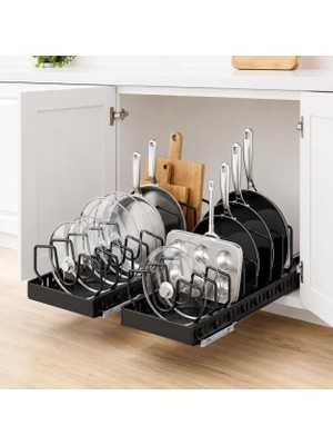 Aesco Alper Banyo Sürgülü Organizer Siyah – Yapışkanlı Dolap Içi Raylı Düzenleyici, Tencere Kapağı, Tava, Kesme Tahtası ve Mutfak Gereçleri Için Çekmece Tipi Organizer, 21 x 42 cm