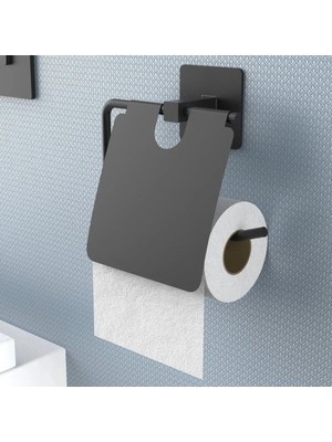 Aesco Roichil Kendiliğinden Yapışkanlı Siyah Paslanmaz Metal Kapaklı Tuvalet Kağıtlığı Aparatı
