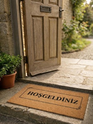 Aesco Beylini Hoşgeldiniz Yazılı Desenli Koko Paspas Ev Dış Kapı Giriş Paspası Tpr Kaymaz Taban Modern Su Geçirmez Bej 70X45CM