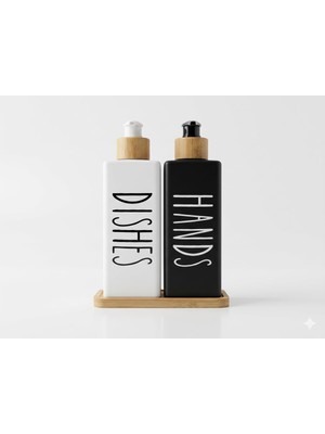 Aesco Vios Store Premium Mat Siyah & Beyaz Mutfak Sabunluk Seti - Bambu Tepsili 2X450ML Bulaşık Deterjanı ve Sıvı Sabun Pompası (Hands & Dishes)