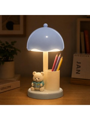 Aesco Coverzone Ayıcıklı Mini Cartoon LED Masa Lambası USB Şarjlı 3 Kademeli Dimmer Işık Kalemlik ve Telefon Standı Özellikli Pp Abs Gövdeli Şarjlı Masa Lambası | QS014A Mavi