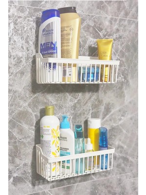 Aesco Safestore Yapışkanlı Banyo Rafı 2'li Banyo Düzenleyici Duş Rafı Kanca Askılı Organizer Şampuanlık Plastik