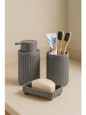 Aesco Sas Haus Banyo Takımı Diş Fırçalık Sıvı Sabunluk Katı Sabunluk 3'lü Set Gri