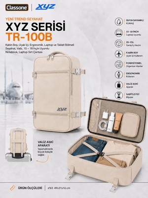 Aesco Classone Xyz Serisi TR-100B Kabin Boy,uçak Içi, Ergonomik, Laptop ve Tablet Bölmeli, Seyahat, Valiz, 15-18 Inch Uyumlu Notebook, Laptop Sırt Çantası – Bej