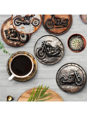 Aesco Kututr Retro Motosiklet Temalı 6’lı Mdf Bardak Altlığı Seti – 10 cm BRD-034