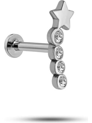 Aesco Nereze 925 Ayar Gümüş Rodyumlu Minimal Kayan Yıldız Dört Taşlı Tragus Piercing Küpe