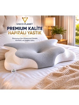 Aesco Visco Planet Ortopedik Visco Boyun Yastığı Memory Foam Boyun Destekli Ergonomik Uyku Yastığı 62X42X13/10 cm