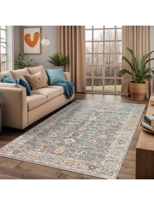 Aesco Latte Dizayn Zack Vintage Desenli Şönil Pamuk Tabanlı Yıkanabilir Kaymaz Antibakteriyel Salon Halısı 80X150