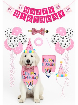Aesco Busstier Köpek Kedi Doğum Günü Seti Bandana Şapka Afiş Parti Dekorasyonu, Şapyon Tasma Aksesuarı, Erkek ve Dişi Evcil Hayvanlar Için (Pembe)