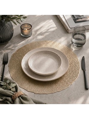 Aesco Deconox 6'lı Plastik Amerikan Servis Seti, Yuvarlak 38 cm Gold Yaprak Desenli Supla, Yıkanabilir Silinebilir Tabak Altlığı, Yemek Masası Servis Sunum Matı