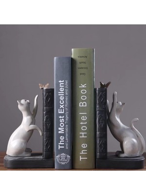 Aesco Sume Dekoratif Kedi Figürlü Kelebek Detaylı Ikili Kitap Tutucu Kitap Desteği Dekoratif Obje Beyaz