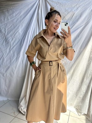 Gözde Tasarım Butik Kadın Camel Rengi Etek ve Bluz Alt Üst Takım