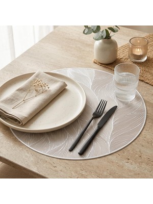 Aesco Deconox 6'lı Plastik Amerikan Servis Seti, Yuvarlak 38 cm Beyaz Yaprak Desenli Supla, Yıkanabilir Silinebilir Tabak Altlığı, Yemek Masası Servis Sunum Matı