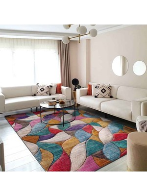 Aesco Latte Dizayn Duena Desenli Kadife Pamuk Tabanlı Yıkanabilen Kaydırmaz Antibakteriyel Salon Halısı 200X300