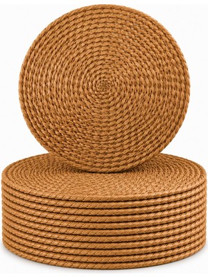 Aesco Sogud Hasır SUPLA12’LI Set - 32 cm Yuvarlak Amerikan Servis - Doğal Hasır Görünümlü El Örgüsü Supla Takımı - Runner ve Masa Dekorasyonu Için Dayanıklı Şık Servis Altlığı - Kahverengi