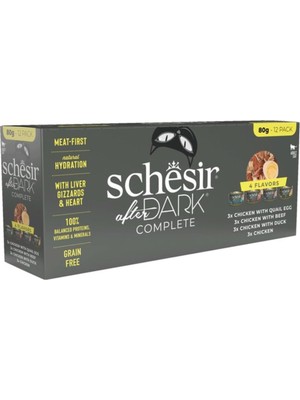 Aesco Schesir After Dark Tavuk&bıldırcın Yumurtası&sığır&ördek Et Suyunda Yetişkin Kedi Konservesi Çeşit Paketi 12X80G