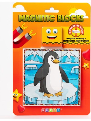 Aesco Küpss Manyetik Blok Çift Taraflı 9 Parçalı Mıknatıslı Penguen - Köpek Balığı Puzzle - 2 Görsel Yapboz