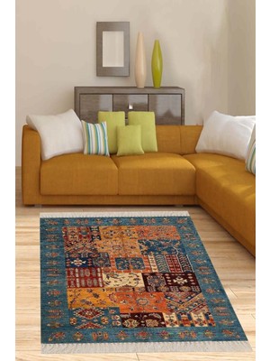 Aesco Pelangi Kırkyama Patchwork Kilim Desenli Etnik Dijital Baskı Yıkanabilir Modern Salon Halı ve Yolluk, Petrol-Turuncu 120 x 120