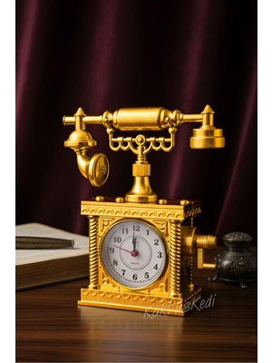 Aesco Kaktüskedi Vintage Telefon Model Nostaljik Dekoratif Masa Saati Gold Çalar Saat Altın, 7480000717325