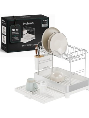 Aesco Prohane Inox Master KD410 | Genişletilebilir 2 Katlı Bulaşıklık | 304 Paslanmaz Çelik | Su Tahliyeli Tezgah Üstü Kurutmalık