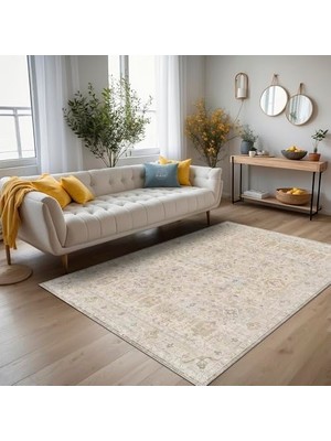 Aesco Latte Dizayn Ryella Vintage Desenli Şönil Pamuk Tabanlı Yıkanabilir Kaymaz Antibakteriyel Salon Halısı 120X180