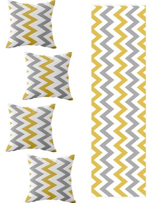 Aesco Pelangi Sarı Gri Zigzag Salon Mutfak Masa Değişik Ranır Modelleri Dekoratif 4'lü Kırlent Kılıfı Runner Seti, Sarı-Gri-Beyaz 40 x 140