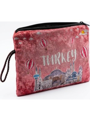 Aesco Turkey Yazılı Balon ve Cami Desenli Kadife El Çantası - Fermuarlı Pembe Çingene Kadife Makyaj Çantası, Seyahat Organizeri Pouch ve Hediyelik Cüzdan